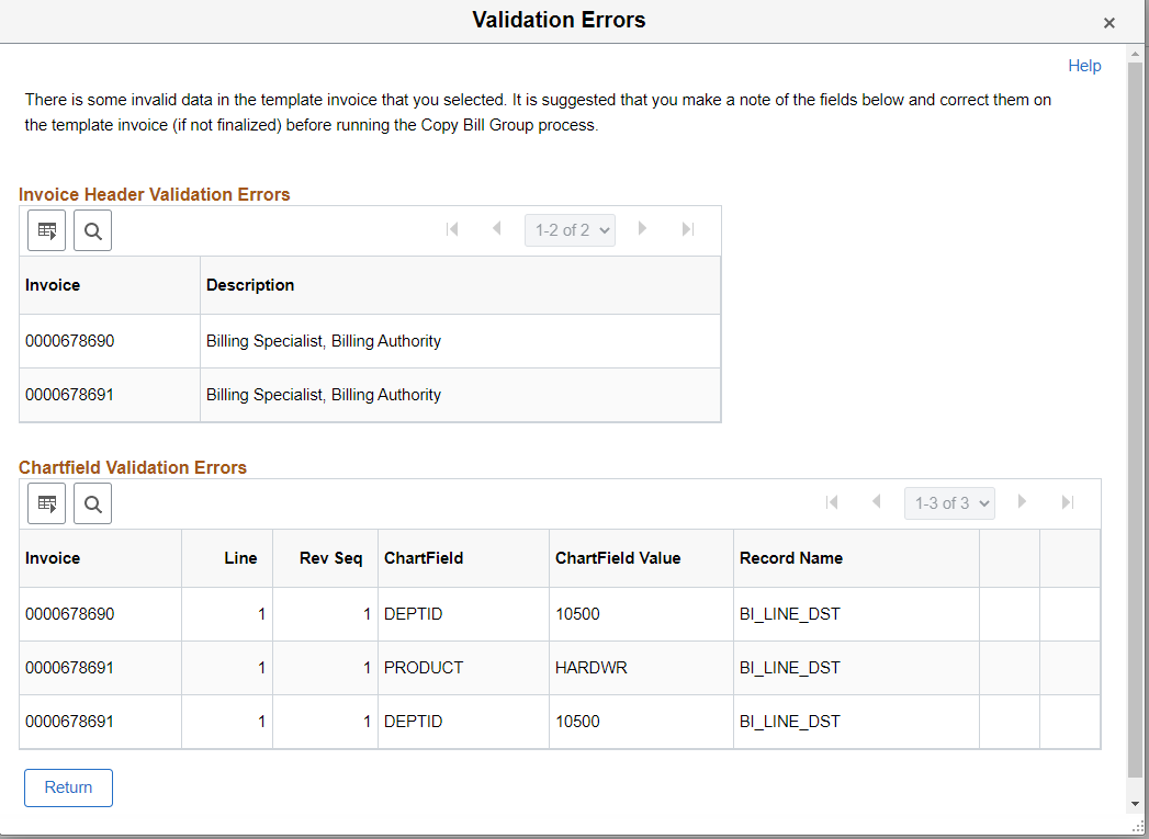 Validation Errors page (Copy Group)