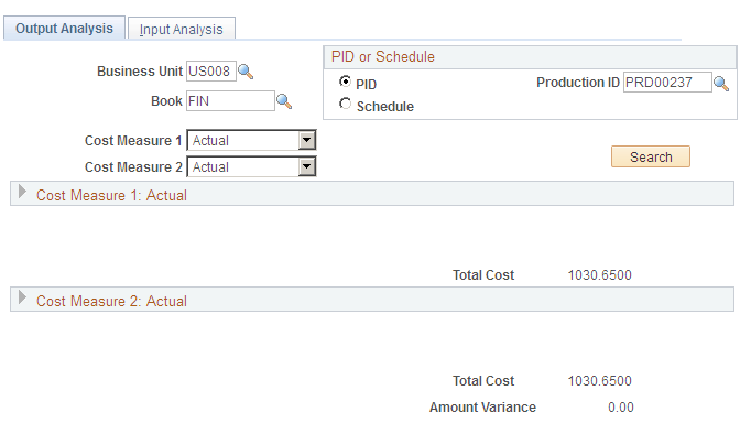 Compare Cost Measures - Output Analysis page