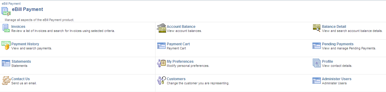 eBill Payment Functional Area Navigation (FAN) page