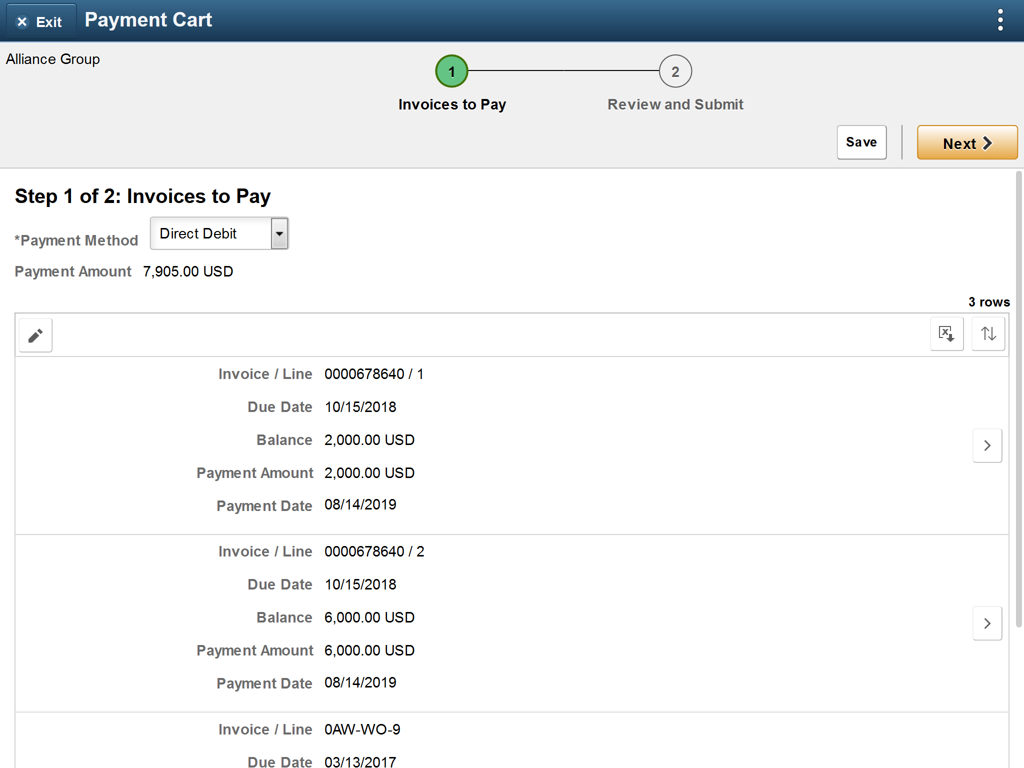 PaymentCart - Invoices To Pay page