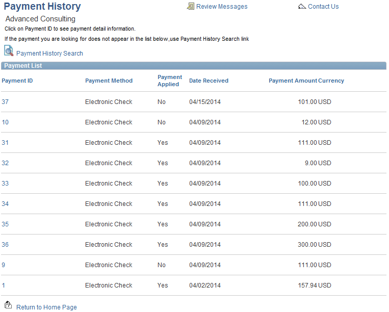 Payment History page