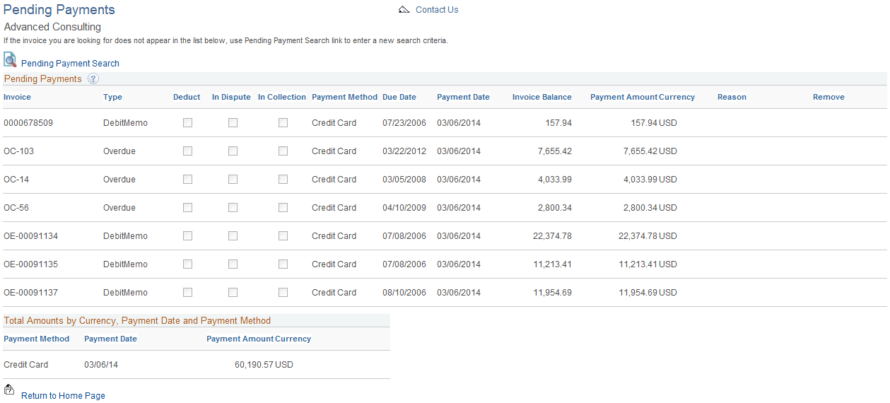 Pending Payments page