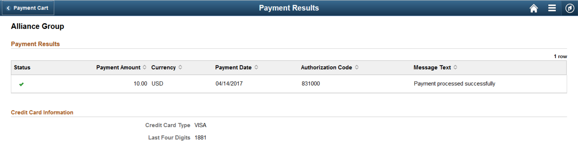Payment Results page for a credit card payment (LFF)