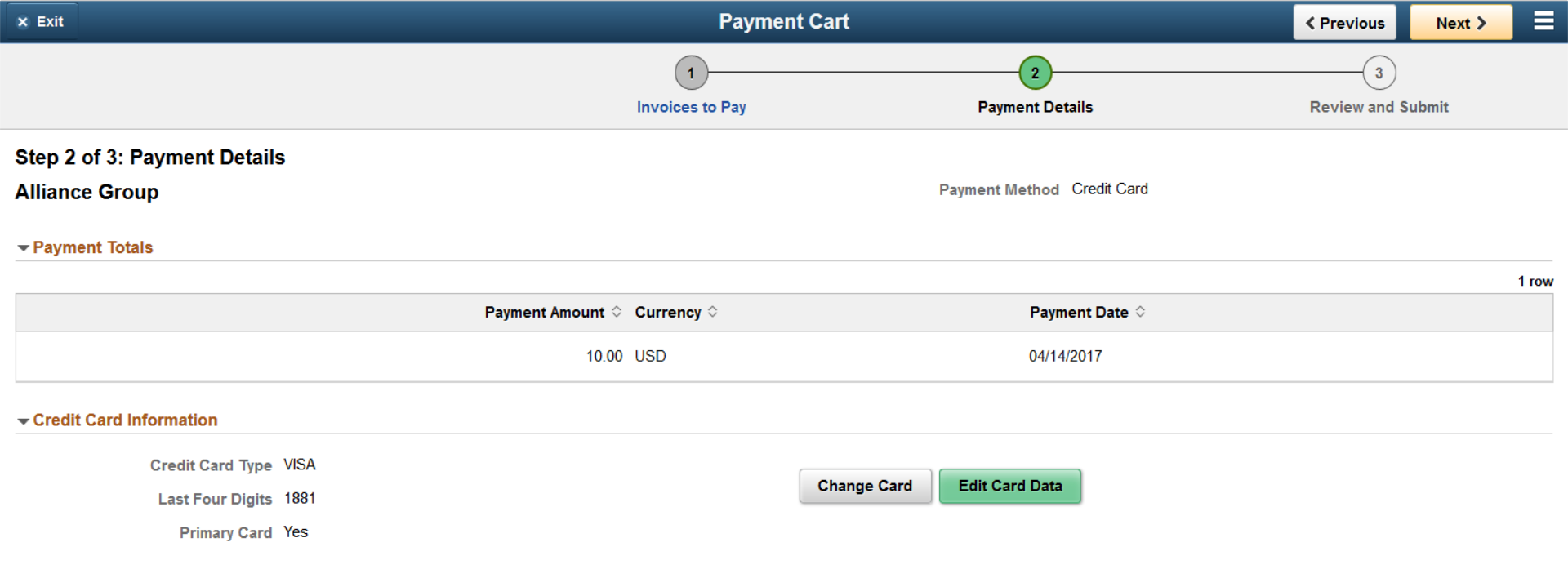 Step 2 of 3: Payment Details for a credit card payment (LFF)