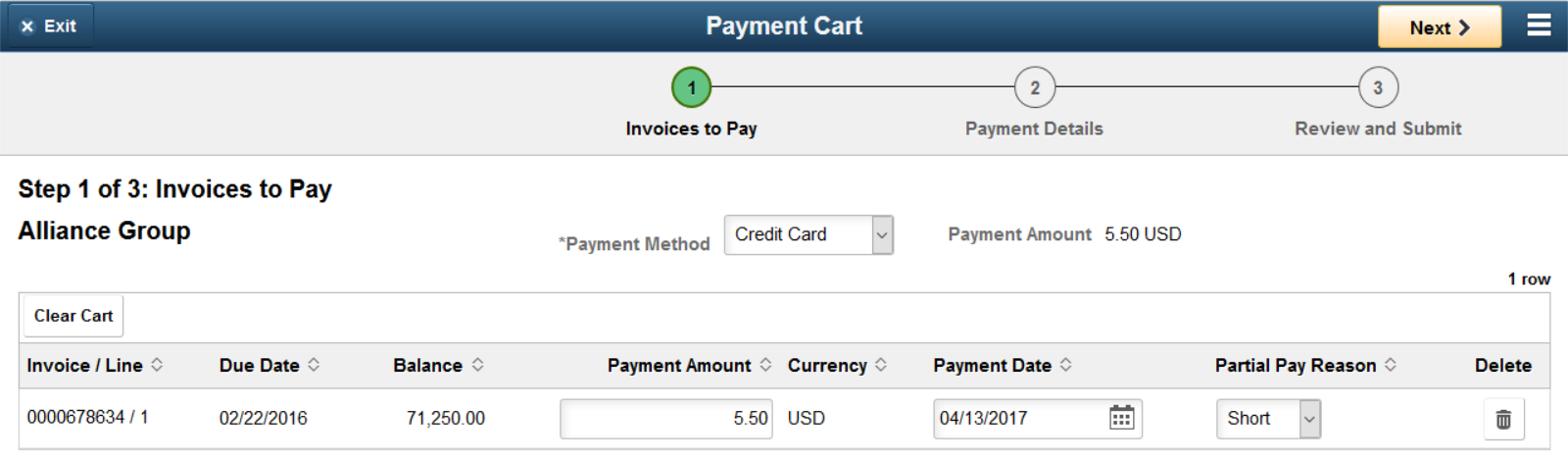 Step 1 of 3: Invoices to Pay page, using a credit card (LFF)