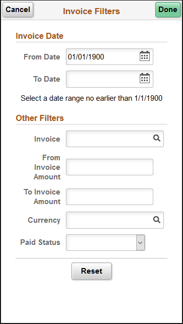 Invoice Filters page (SFF) for the Invoices page