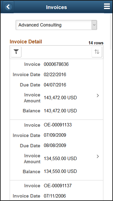 Invoices page (SFF)