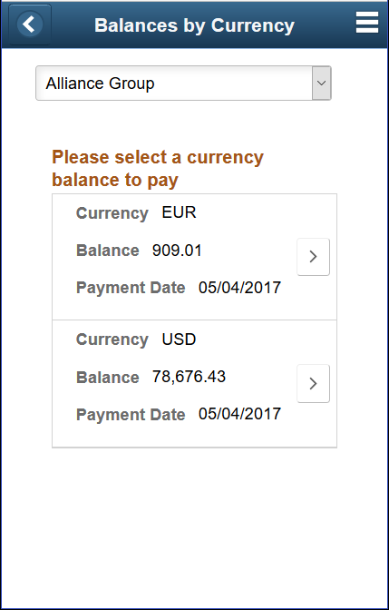 Quick Pay - Balances by Currency page (SFF)
