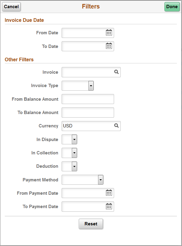 Pending Payments - Filters page