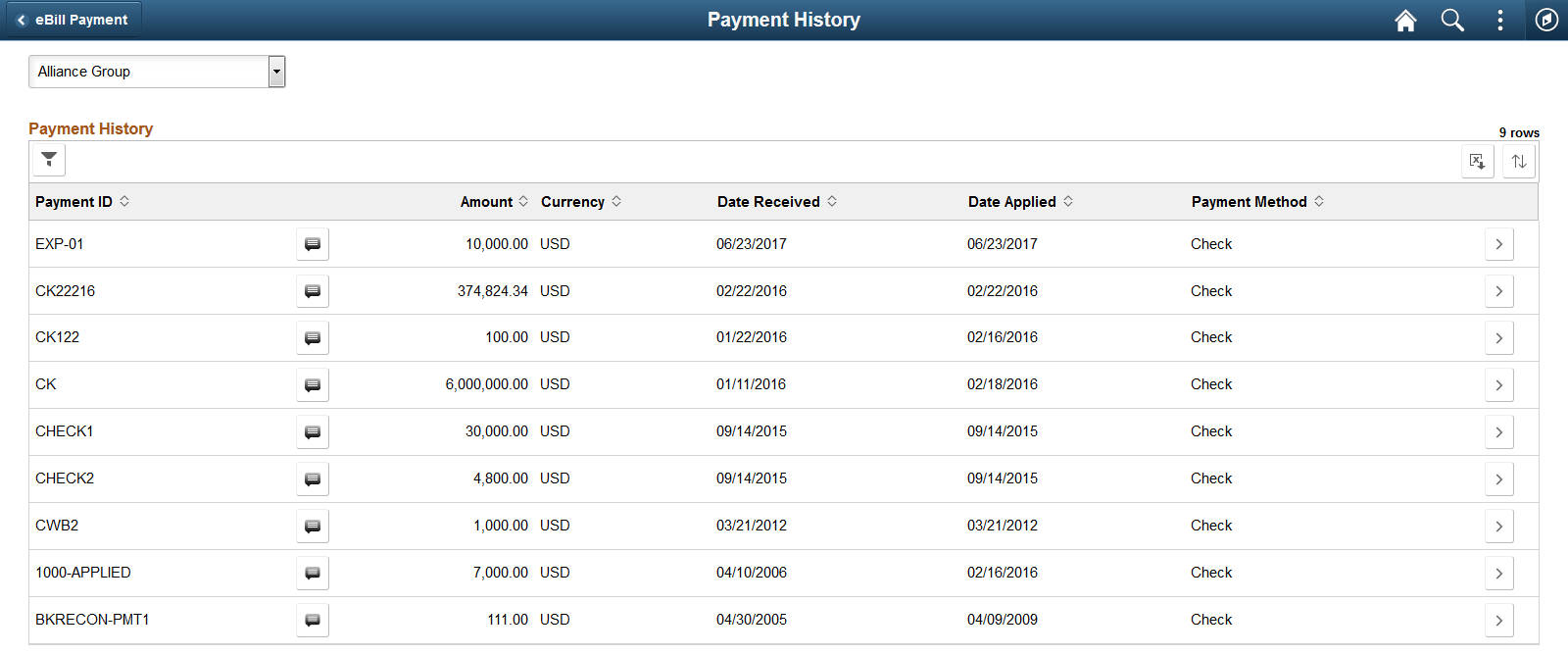 Payment History page (LFF only)