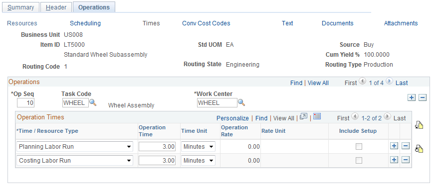 Define Engineering Routings - Operations: Times page