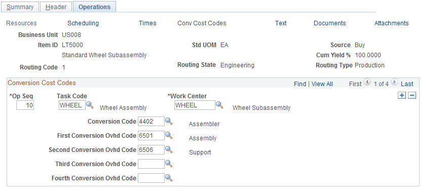 Define Engineering Routings - Operations: Conv Cost Codes page