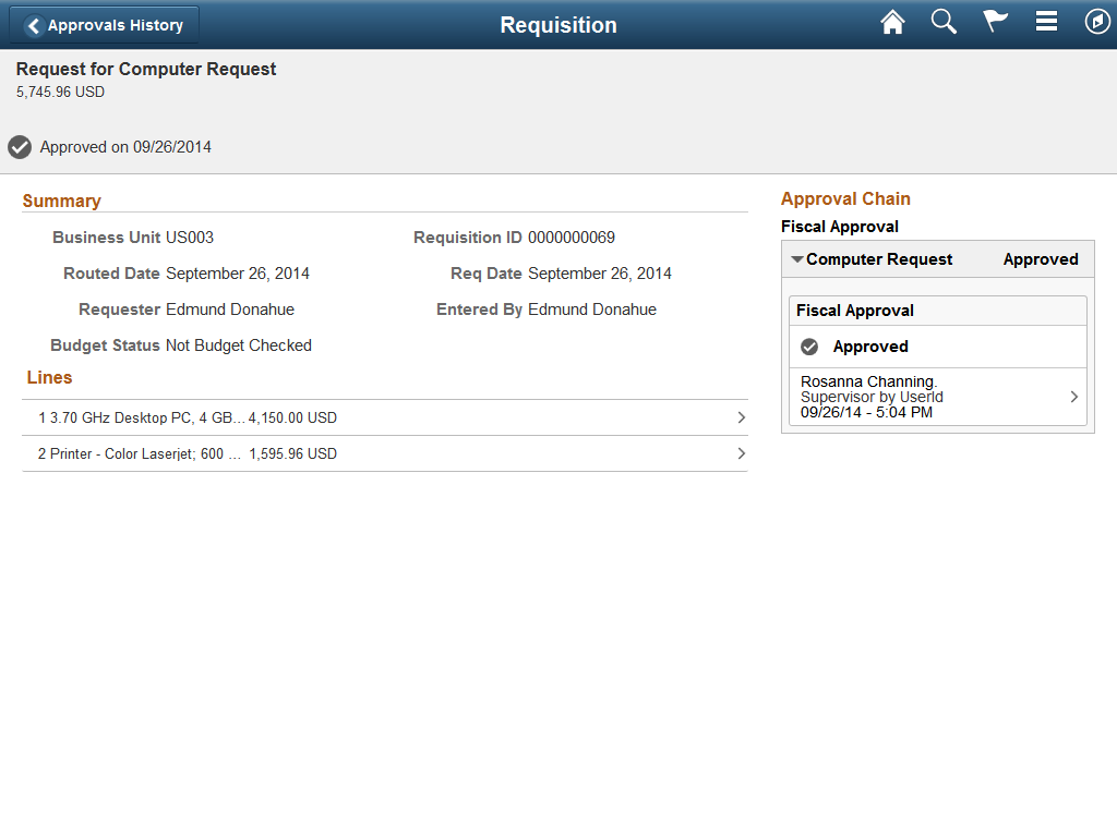 Approvals History - Requisition header approval page (tablet)