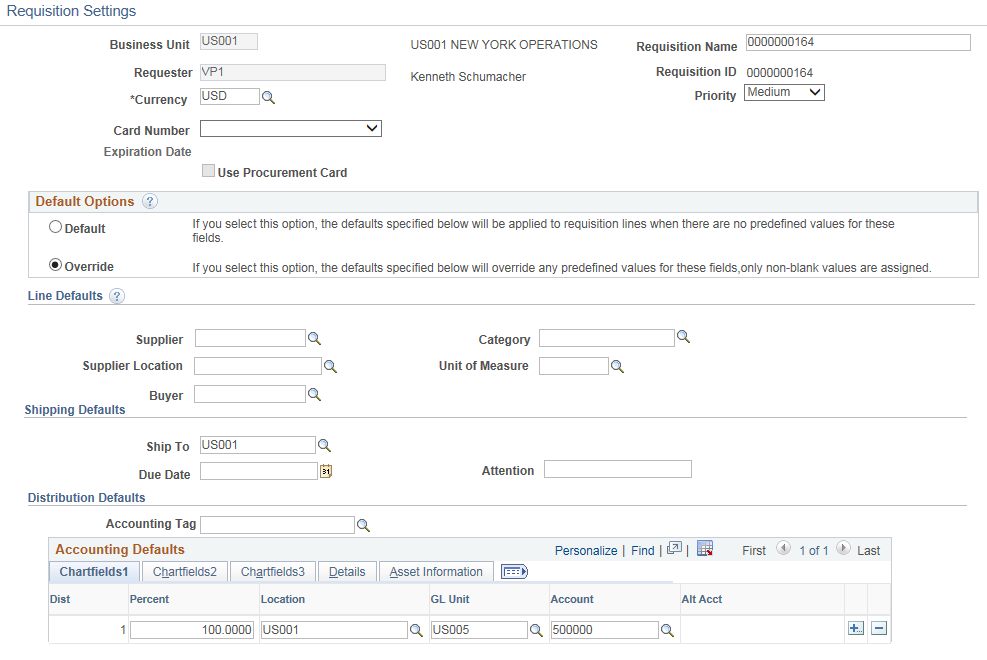 Requisition Settings page