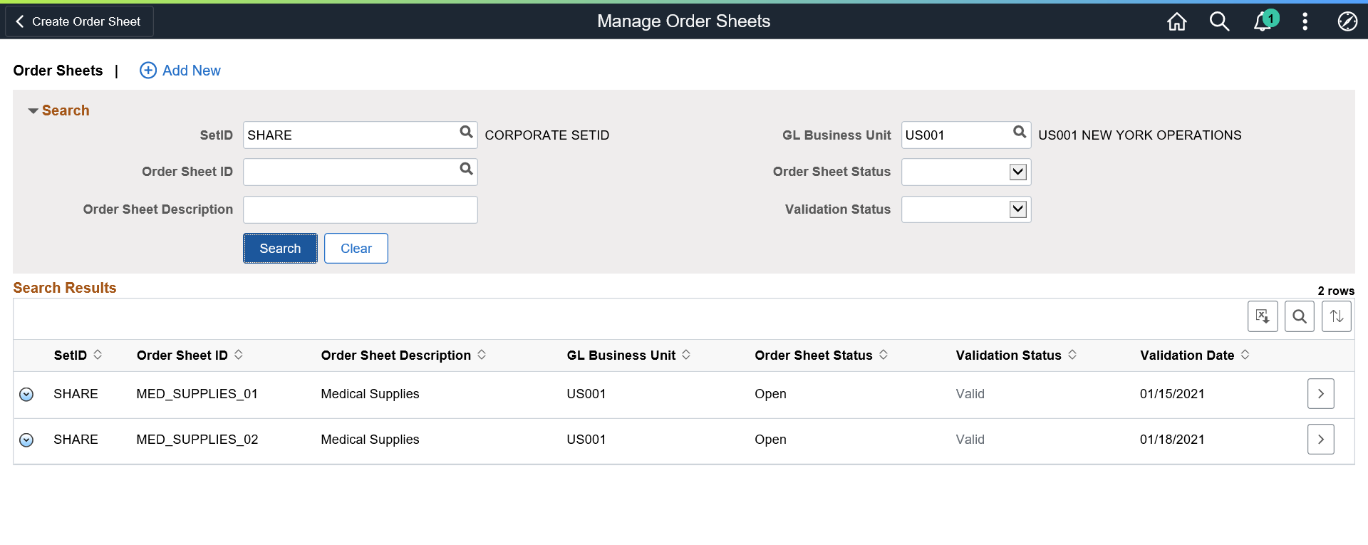 Manage Order Sheets - Edit Order Sheet page