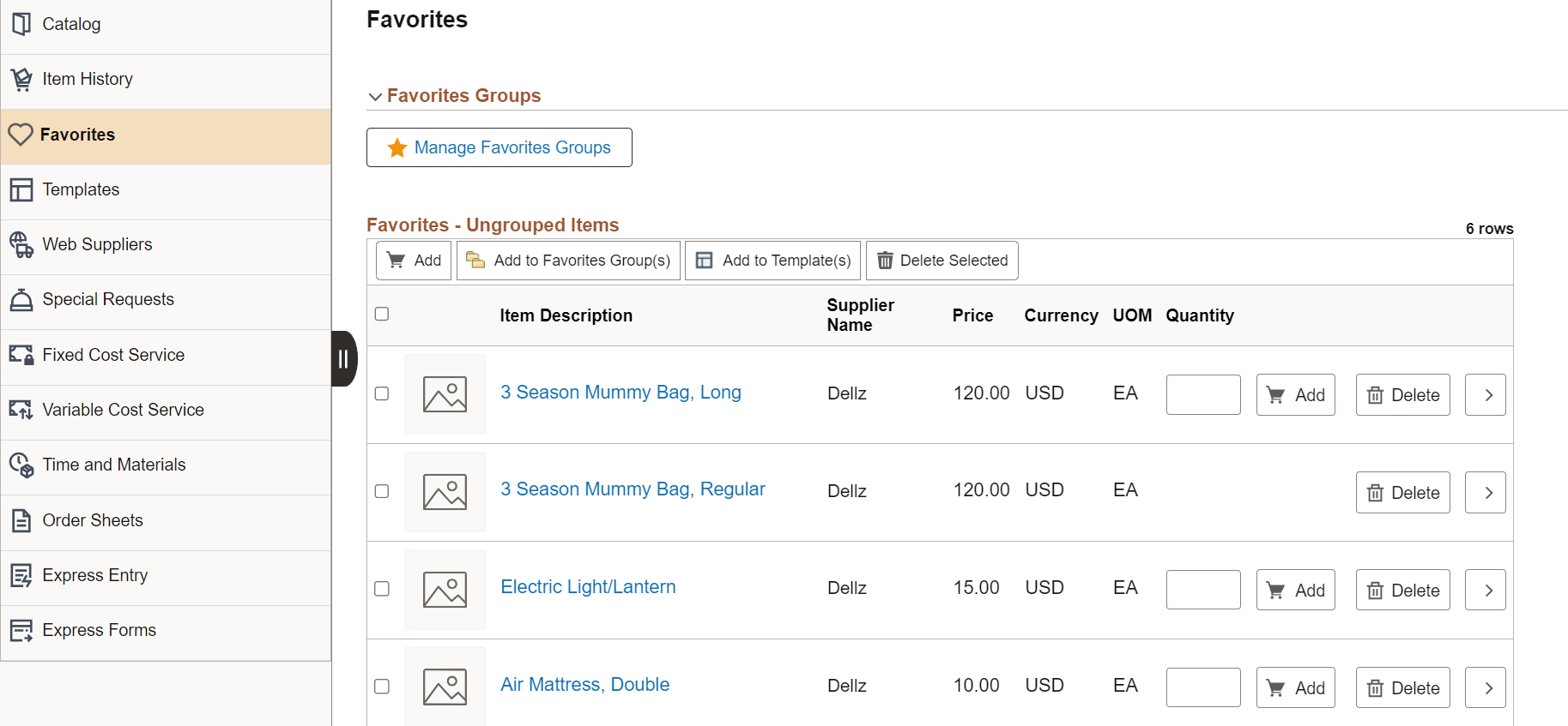 Create Requisition Favorites page