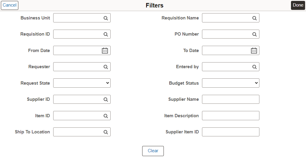 My Requisitions Filters page