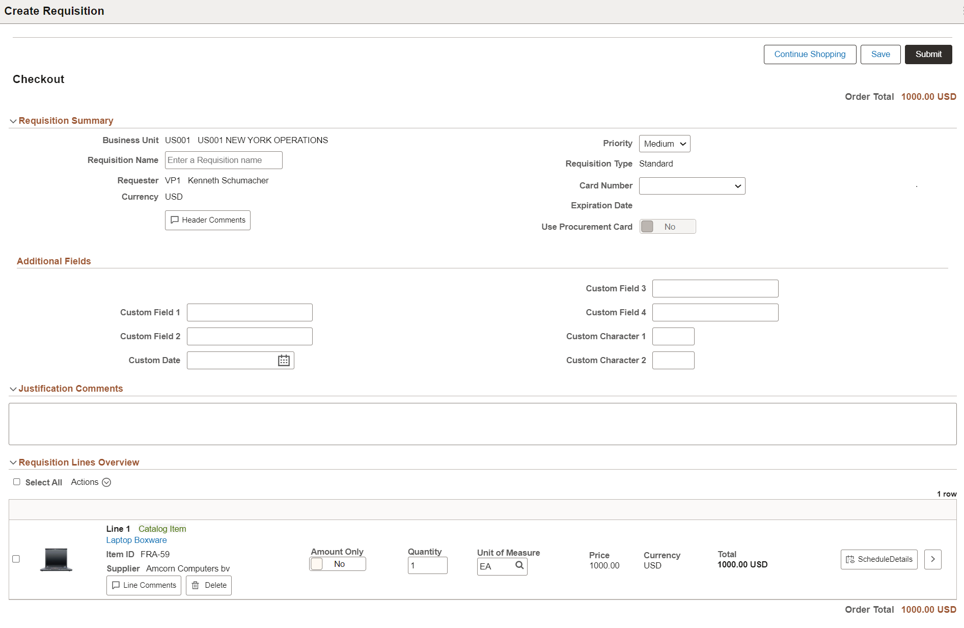 Create Requisition Checkout page