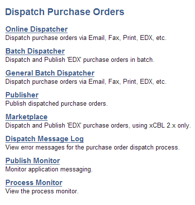 Dispatch Purchase Orders page with SQR used to format purchase orders