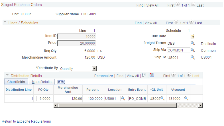 Staged Purchase Orders page