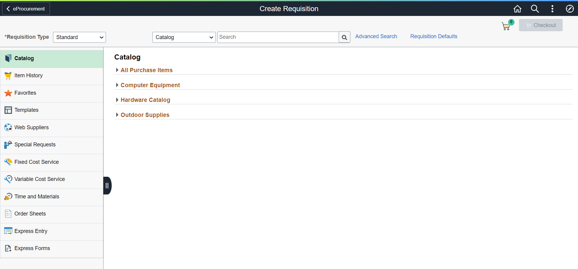 Create Requisition - Browse Catalogs page
