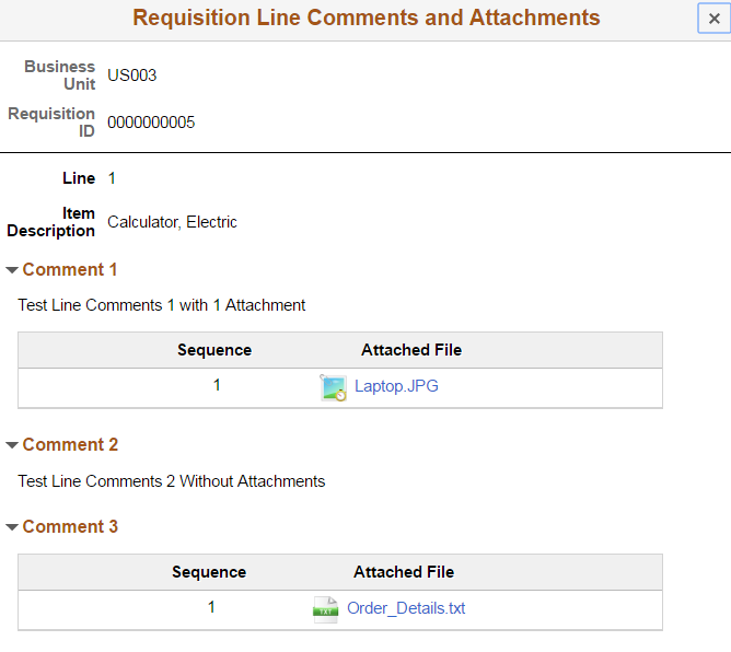 Requisition Line Comments and Attachments page