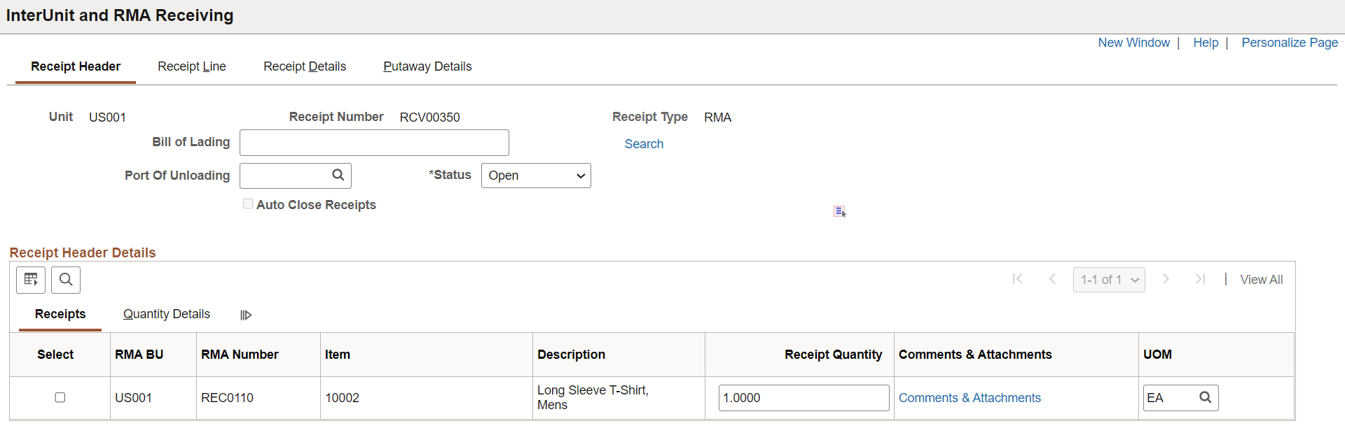 InterUnit and RMA Receiving - Receipt Header page
