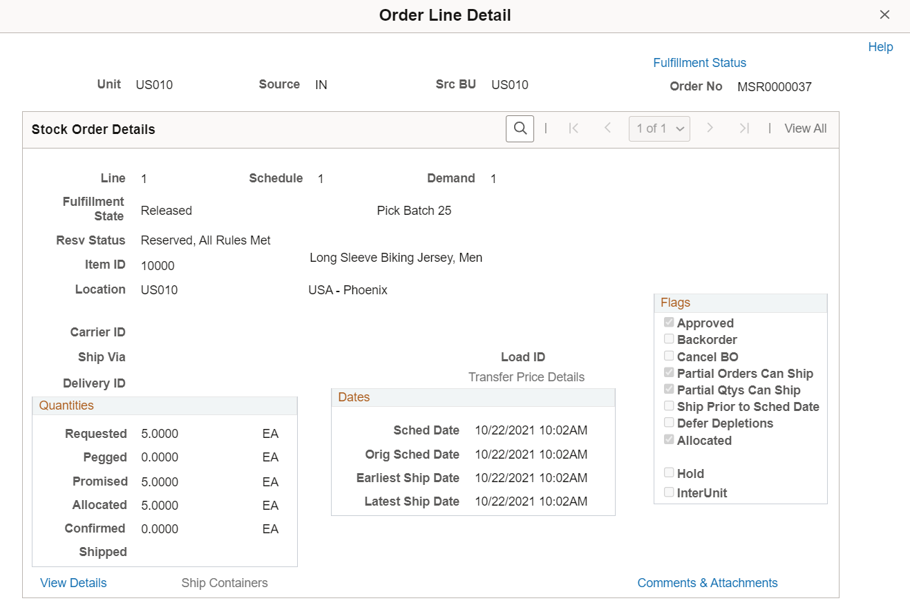 Fulfillment Status - Order Line Detail page