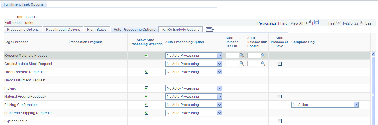 Auto-Processing Options tab of the Setup Fulfillment-Fulfillment Task Options page (1 of 2)