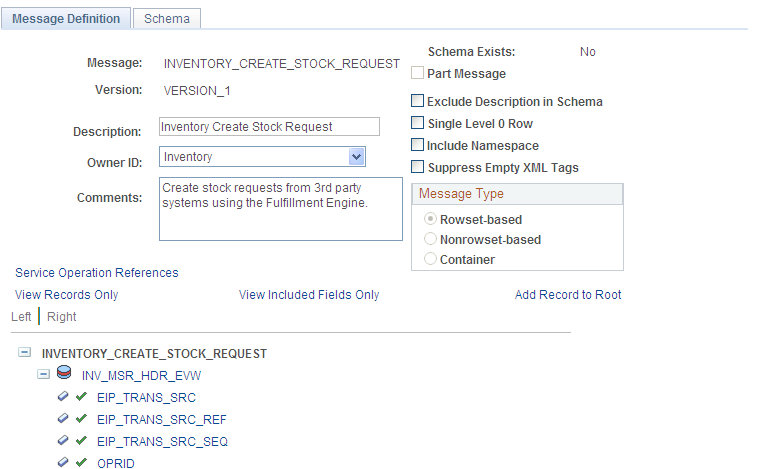 View the fields included in the message used by the INVENTORY_CREATE_STOCK_REQUEST service operation (1 or 2)
