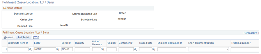 Lot/Serial tab of the Fulfillment Queue Location / Lot / Serial page