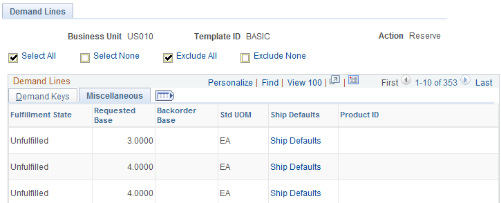 Demand Lines page of the Fulfillment Workbench (Miscellaneous tab)
