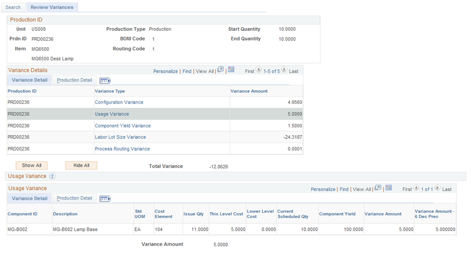 Review Variances tab of the Production Variance Drilldown page