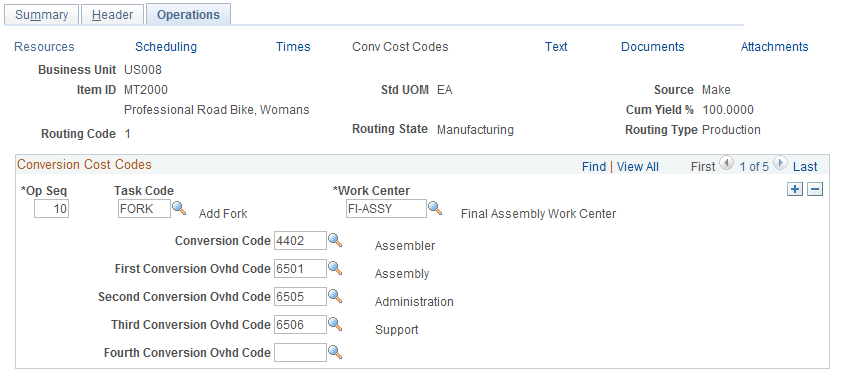Define Routings - Operations: Conv Cost Codes page