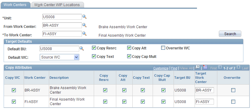Copy Work Centers - Work Centers page