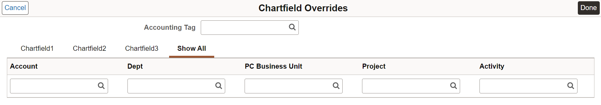 Express Issue - Chartfield Overrides Show All tab