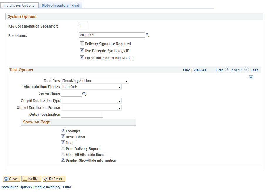 Installation Options - Mobile Inventory: Receiving Ad Hoc task flow page