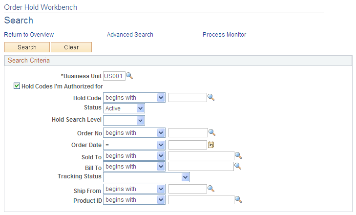 Order Holds Workbench - Search page