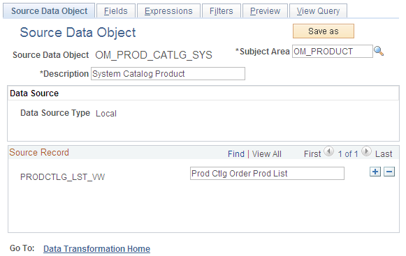 Source Data Object page