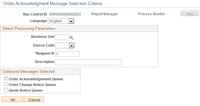 Order Acknowledgement Message Selection Criteria page