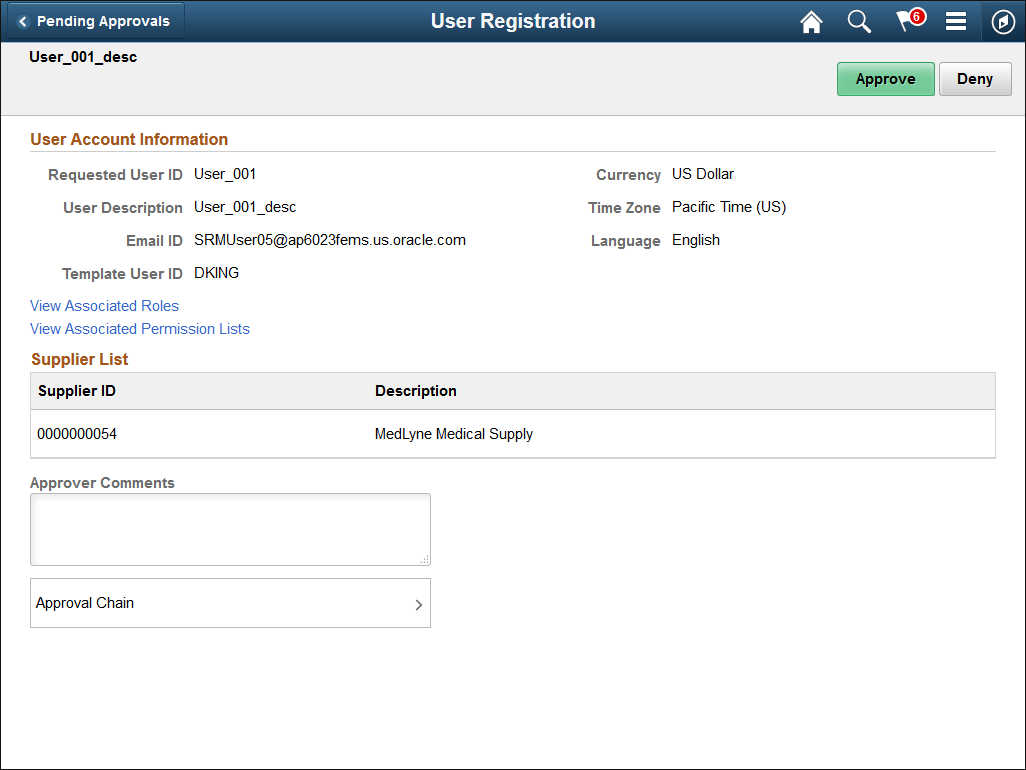 User Registration - Approval Header Detail Page
