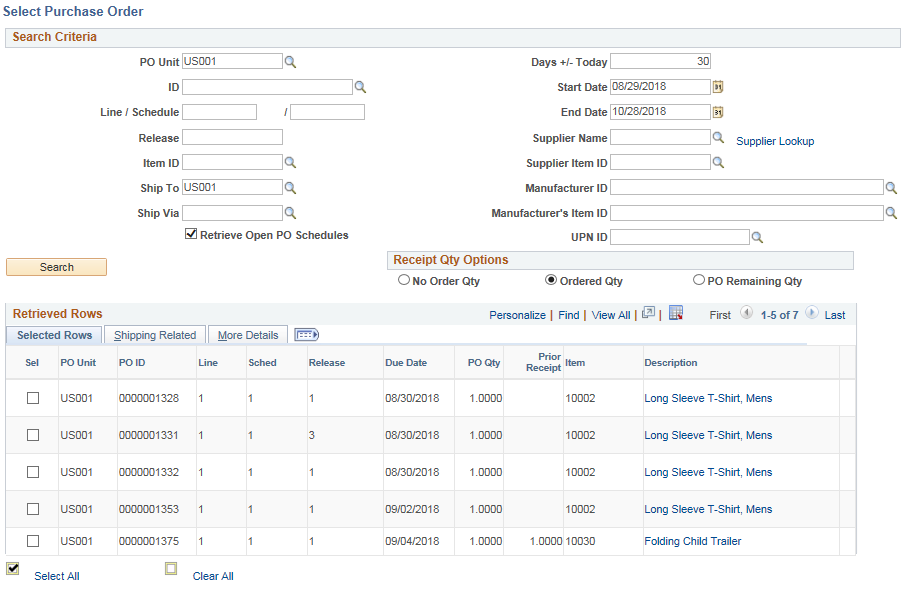 Select Purchase Order page