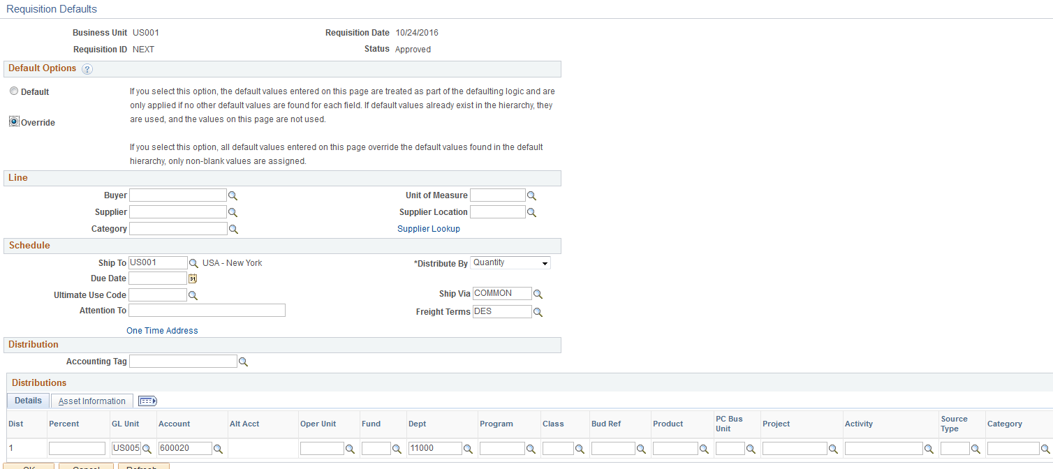 Requisition Defaults page