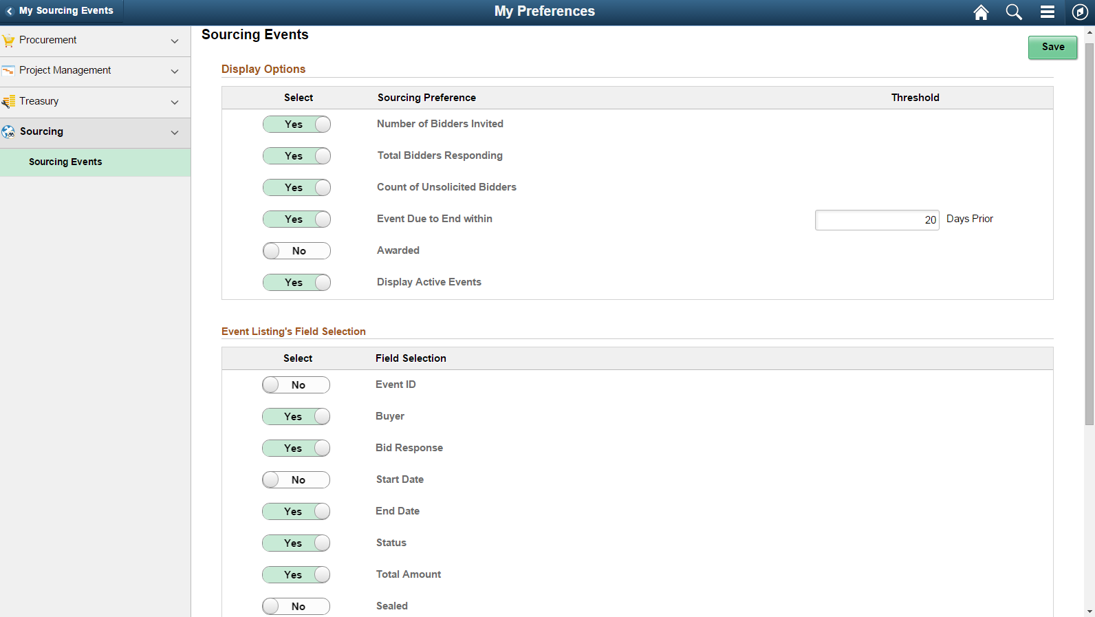 Procurement User Preferences - Sourcing Events Page