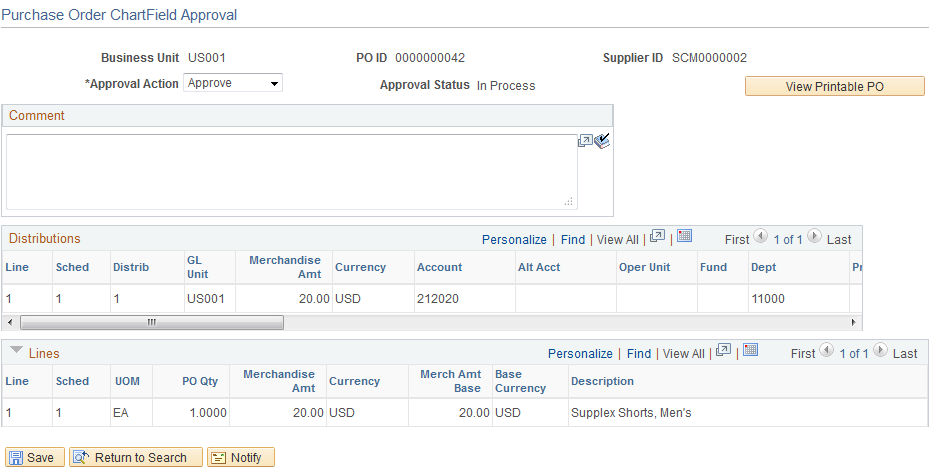 Purchase Order ChartField Approval page