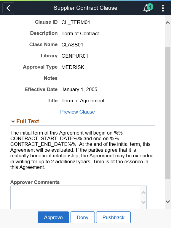 Supplier Contract Clause Approval page as displayed on a smartphone