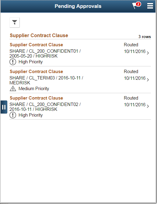 Pending Approvals - Supplier Contract Clause (List) page as displayed on a smartphone