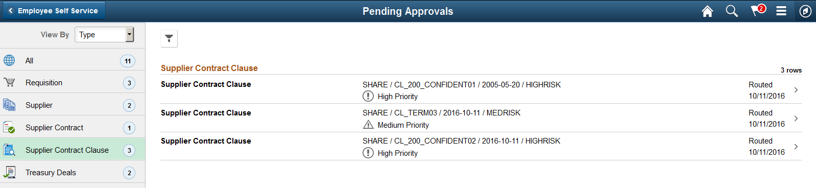 Pending Approvals - Supplier Contract Clause (List) page