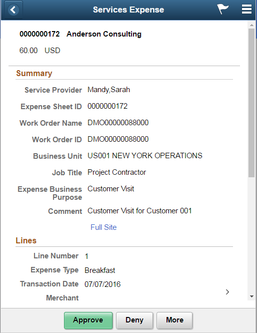 Services Expense header approval page as displayed on a smartphone
