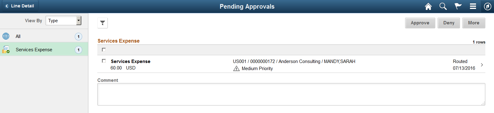 Pending Approvals - Services Expense list page